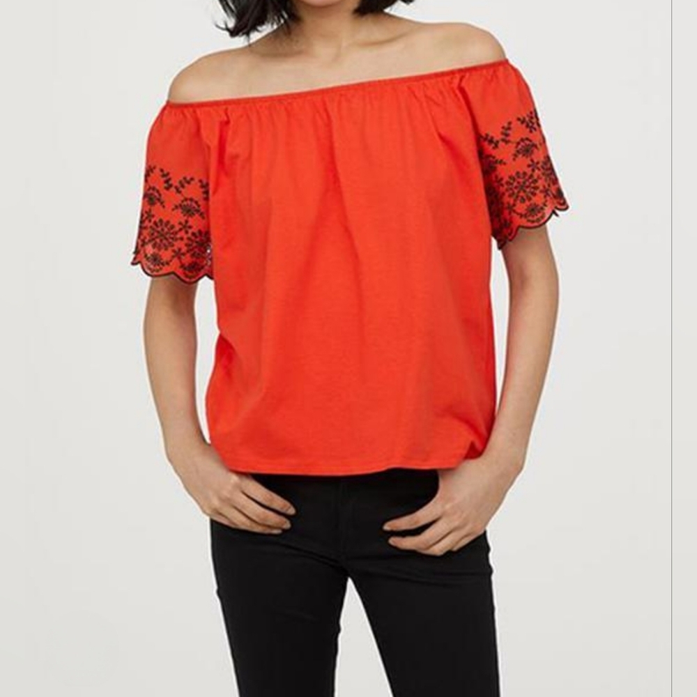 H&M Orange Embroidered Off-Shoulder Cottagecore Blouse Sz M